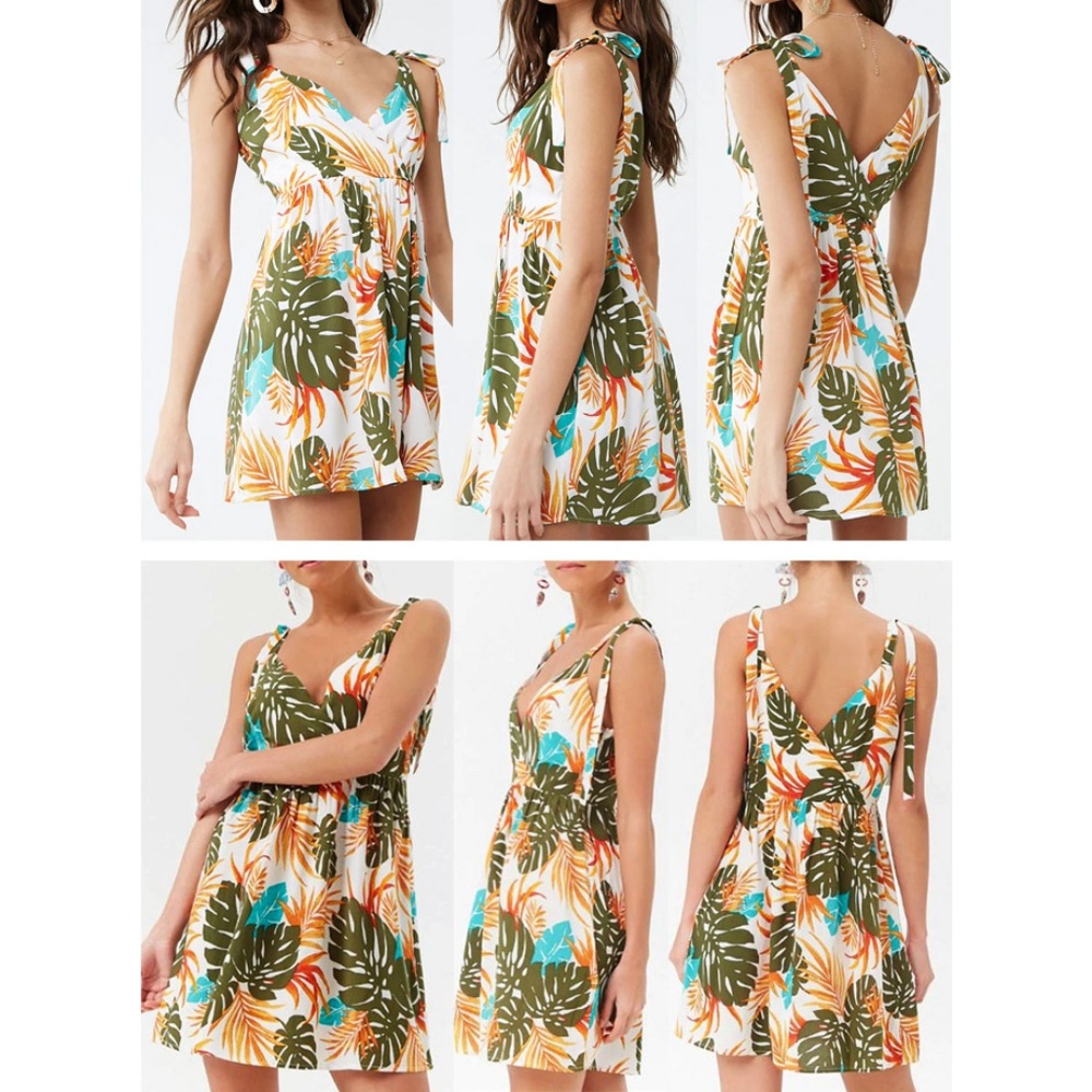 NEW Tropical Palm Foliage Leaf Print Surplice Tie Shoulder Dress - Picture 7 of 8